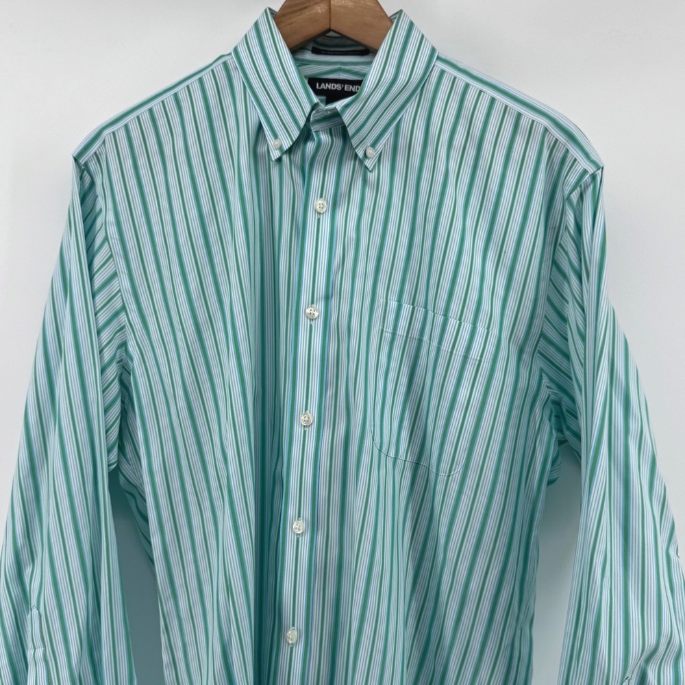 Lands' End Mens 16-33 Tailored Fit No Iron Supima Pinpoint Stripe Shirt Green - Picture 3 of 10